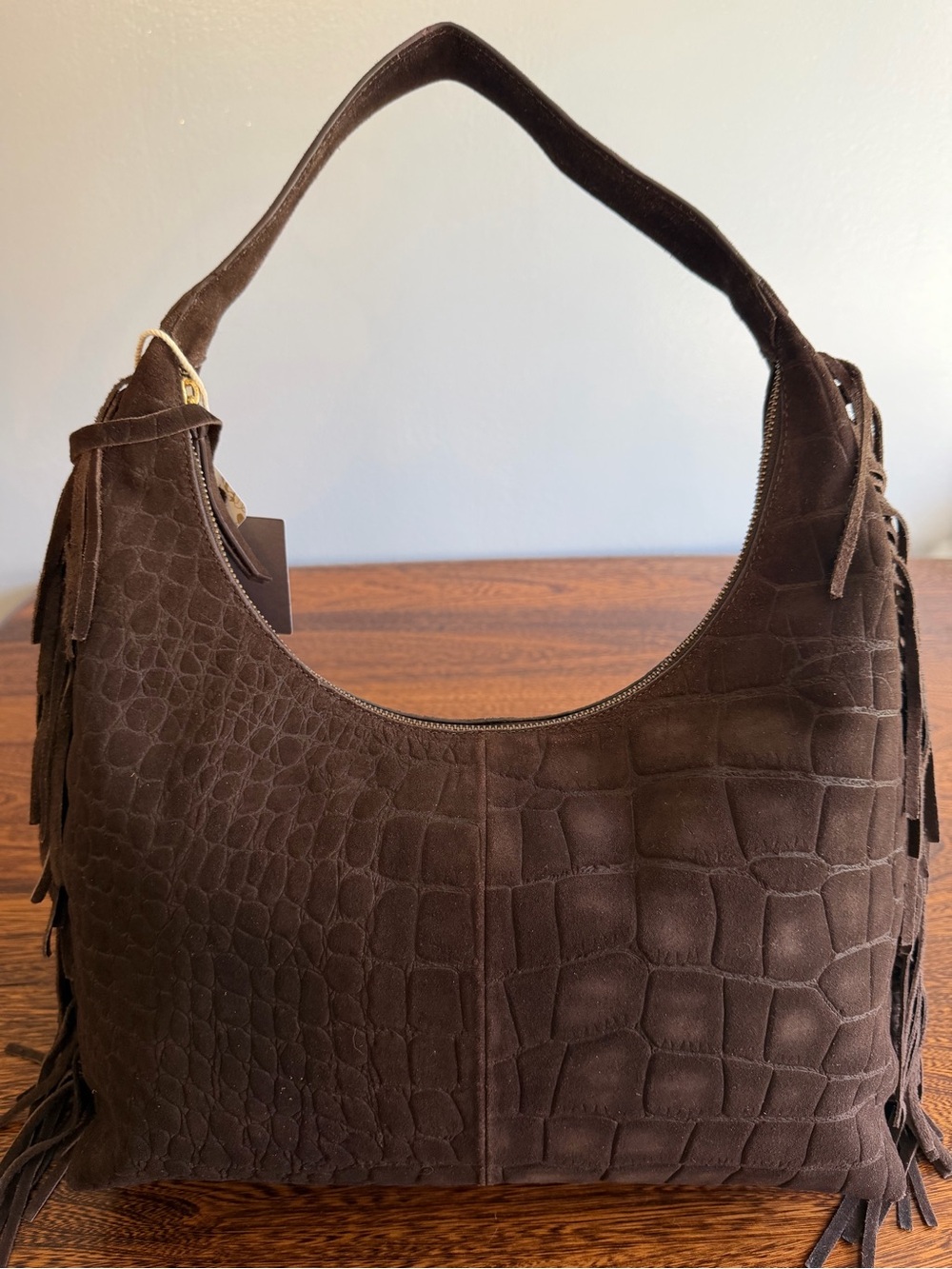 Haute Hippie Rich Espresso Croc-Embossed Suede Shoulder Bag with Fringe - Picture 2 of 9